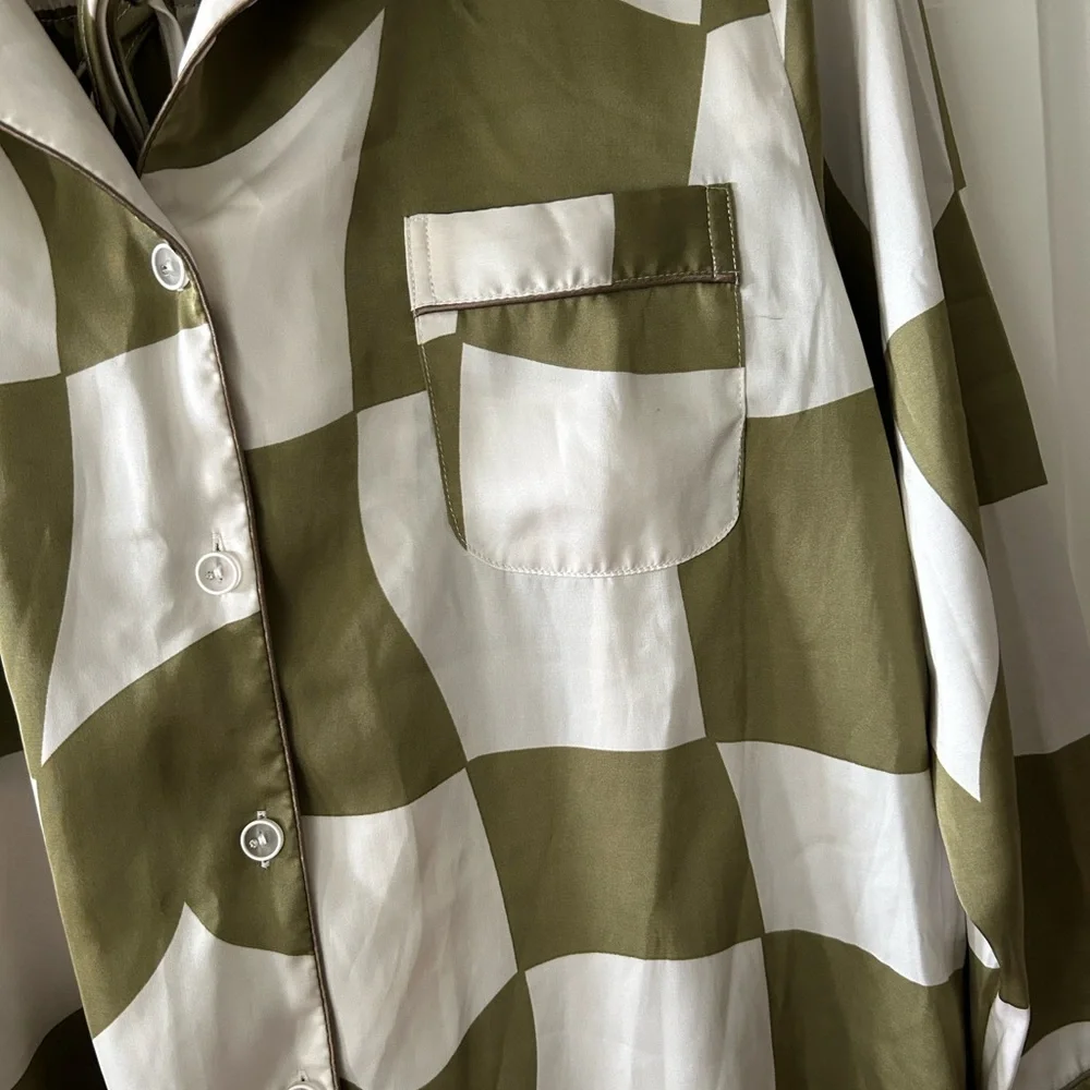 Yini Lulu Green and White Checkerboard Pajama Set Sz S - Picture 4 of 8